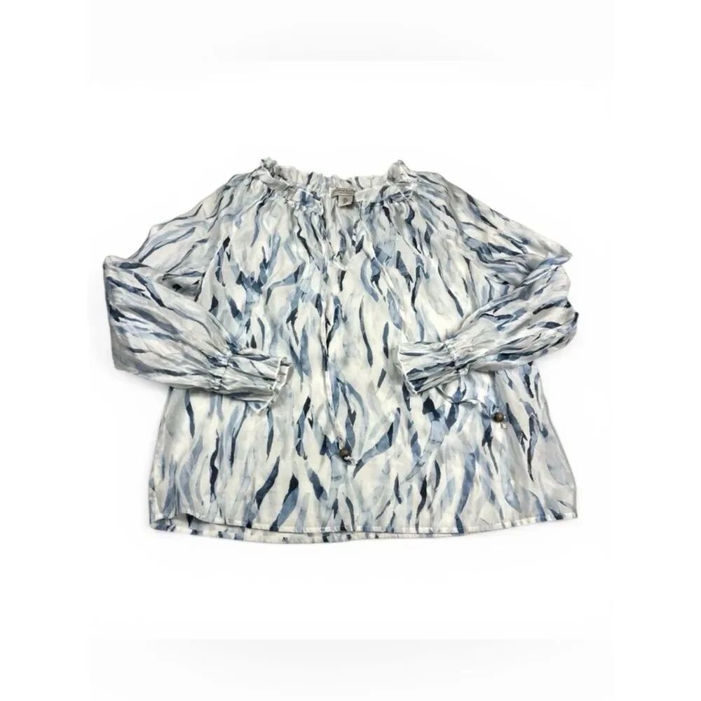 Martha Stewart Blouse Abstract Print Ruffled V-Neck Long Sleeve Relaxed Fit S